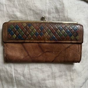 Vintage leather coin purse / clutch with diamond shape multicolor pattern